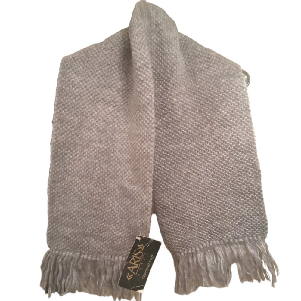 Aris Knits Thermal Puff Gray Knitted Fringe Scarf NWT